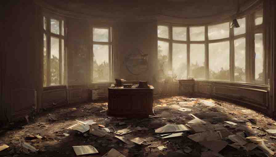 abandoned dusty oval office with lights through broken windows, hyperdetailed, artstation, cgsociety, 8 k 