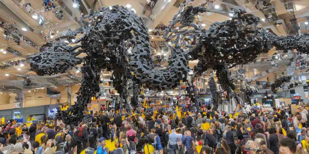 wide shot lens photo of a very intricately detailed and epically shaped 3. 5 meter long tifa lockhart lego sculpture designed by a master builder as displayed at a lego convention, low angle shot. 