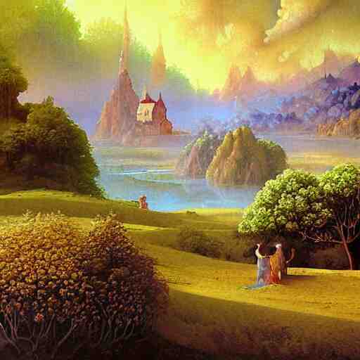 a beautiful painting renaissance painting by bob ross and lawlery botticello, panorama, psychedelic painting dark dusty village apparition, by bruce pennington and vincent jusko, watercolor, 2 d game art 