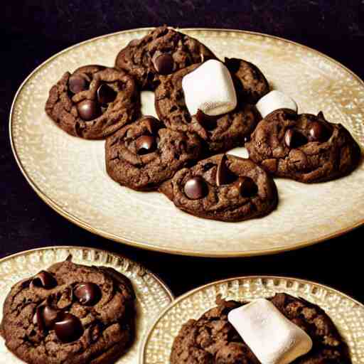 opulent banquet of plates of freshly baked chocolate chip cookies, delicious, glistening, chocolate sauce, marshmallows, highly detailed, food photography, art by rembrandt 