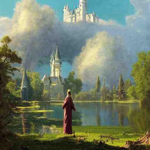 beautiful illustration of a big castle in a serene landscape and a beautiful lake, green grass and trees, blue sky, by albert bierstadt, highly detailed, crystal lighting, mystical, forest, hyperrealistic, 4 k, unreal engine, magical, by joe fenton, by greg rutkowski, by greg tocchini, by kaws, by kate beaton, by kaethe butcher 