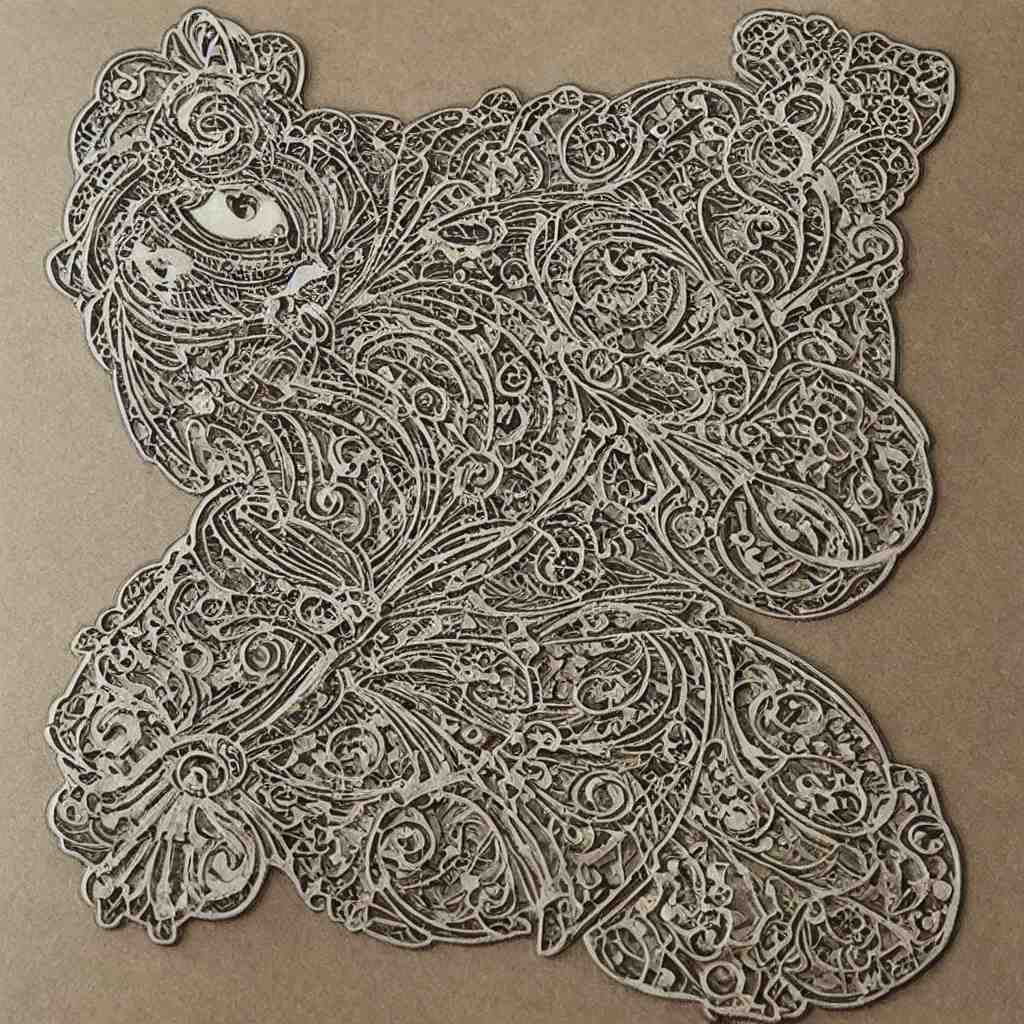 vintage art nouveau style sticker, cat as a cyborg, detailed filigree fretwork lacework