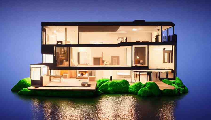 photorealistic claymation art of a modern house on top of a floating island, elegant, candle lighting, extremely detailed, realistic, art galery 