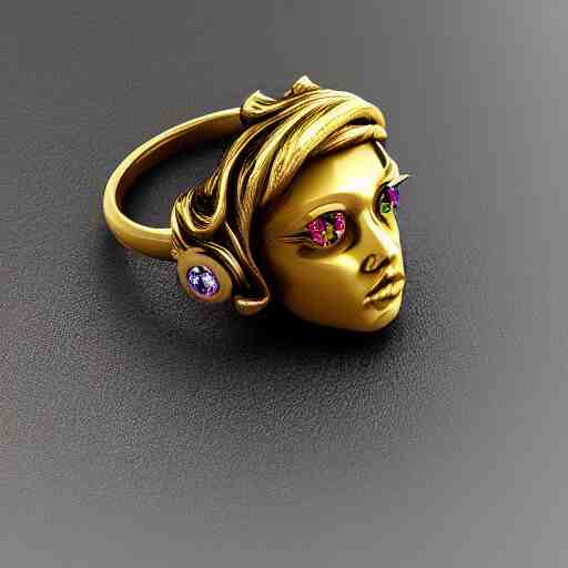 complex golden ring with cameo and gems on the female model hand with bust with a cyberpunk style, 8k, details