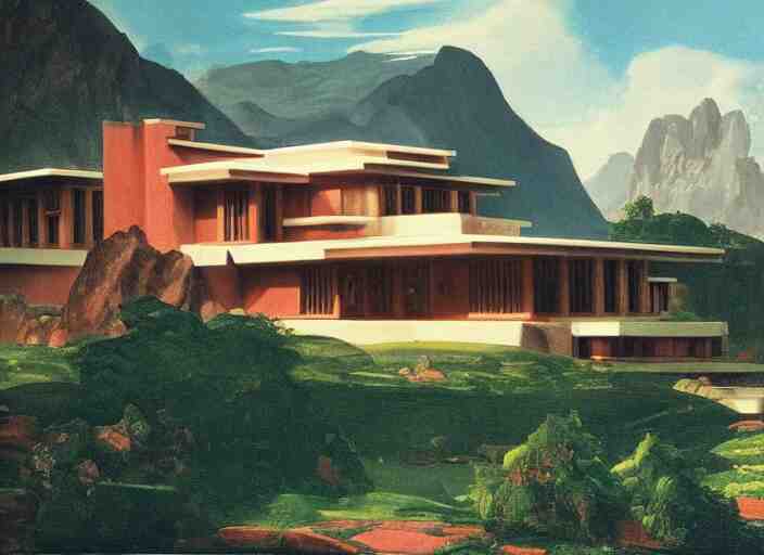 painting of a frank lloyd wright house in front of beautiful mountains by thomas cole 