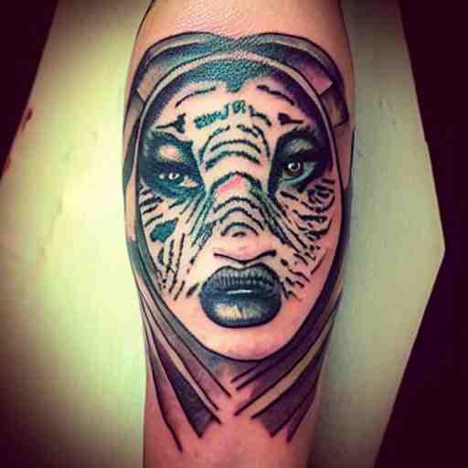 tattoo design of a beautiful girl face, the girl is wearing a tiger head hat, hyper detailed, in the design of eliot kohek 