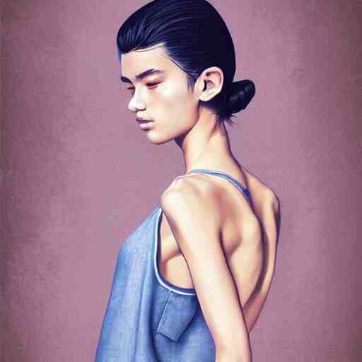 gracefully enchanting studio portraiture of finely fashionable, elegantly dressed, stunning reserved young uzbek model who is slender, tank top, denim shorts. digital art by killian eng and range murata 