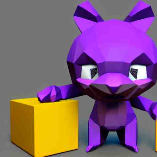 a small purple animal with a yellow box on its head, a low poly render by miyamoto, polycount, rayonism, low poly, polycount, rendered in maya 