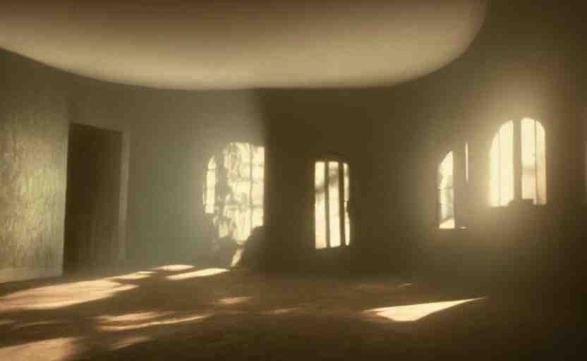 cinematic screenshot of the surreal interior for house built on nothing and something for the nothing underneath, moody scene from being john malcovich directed by charlie kaufman ( 2 0 0 1 ), moody volumetric light morning, anamorphic lenses, kodak color film stock 