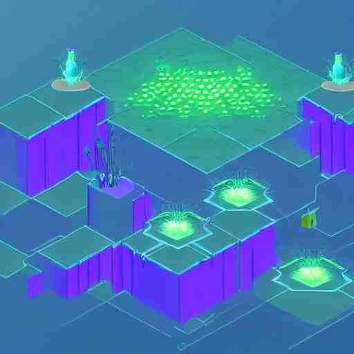 concept 2 d game asset, isometric staircase blocks, organic isometric design, bioluminescent alien - like plants inspired by the james cameron's avatar's alien nature. we can see alien plants glowing in the dark arround the isometric itens has colorful neons cyan, orange mooth median photoshop filter cutout vector 