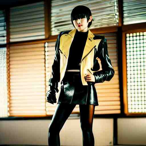 a dynamic, epic cinematic 8K HD movie shot of a japanese beautiful cute young J-Pop idol actress yakuza rock star girl wearing leather jacket, miniskirt, nylon tights, high heels boots, gloves and jewelry. Motion, VFX, Inspirational arthouse