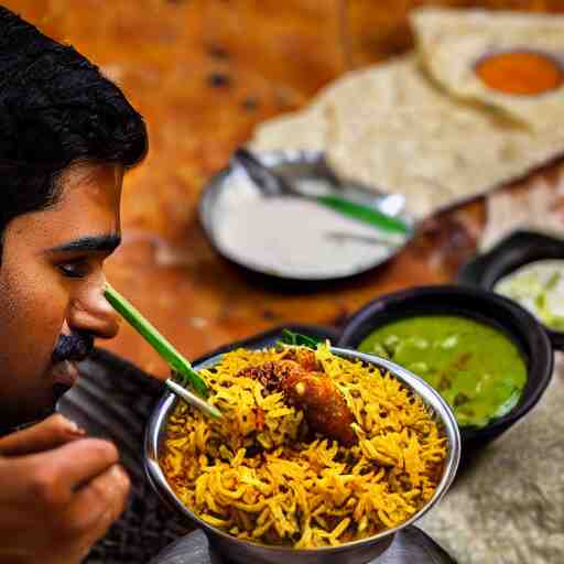 A college student is eating chicken biryani in an Andhra mess, highly detailed, 4k