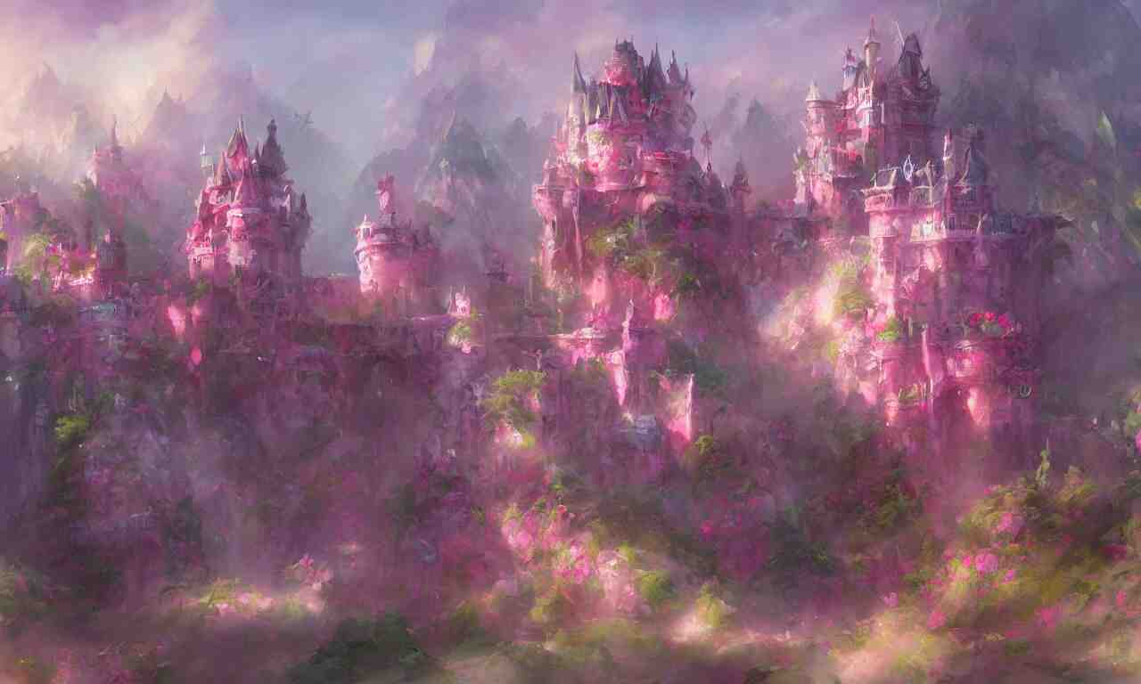 concept art of the colorful rose castle, spectacular, magnificent, fantasy, artstation, render by blender, by krenz cushart 