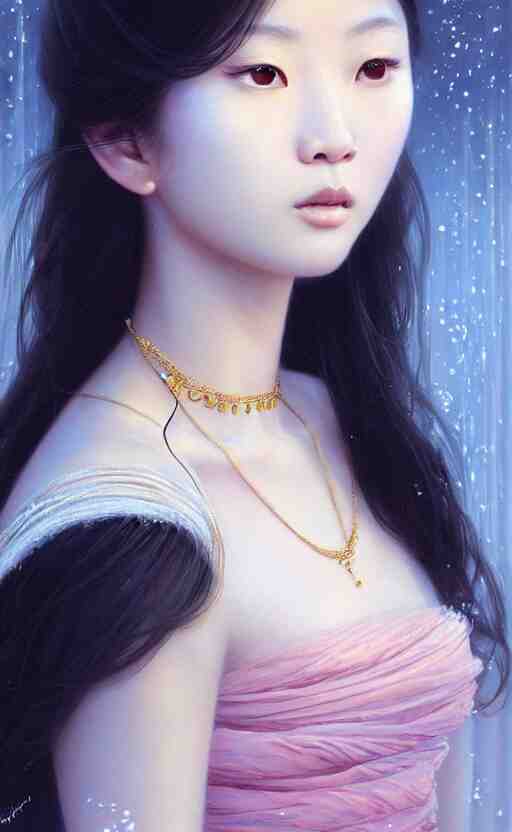 a beautiful young charming asian goddess with sundress + jewelry + shinny eyes | | winter, symmetric, realistic shaded, unpleasant face, good looking, fine details, dior, lv, realistic shaded lighting poster by greg rutkowski, macoto takahashi, magali villeneuve, artgerm, jeremy lipkin and michael garmash 