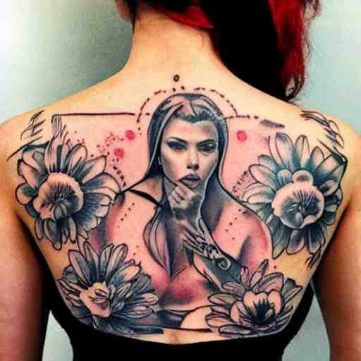 tattoo of Scarlett Johansson, sketched by Loish, back tattoo