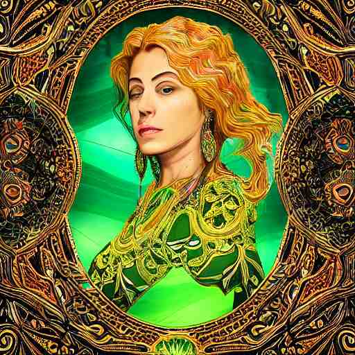 a majestic portrait of a woman with a vascular structure as the amazon aws logo, digital painting, high detail, 8 k, intricate ornamental details, vibrant iridescent colors, green magenta and gold 