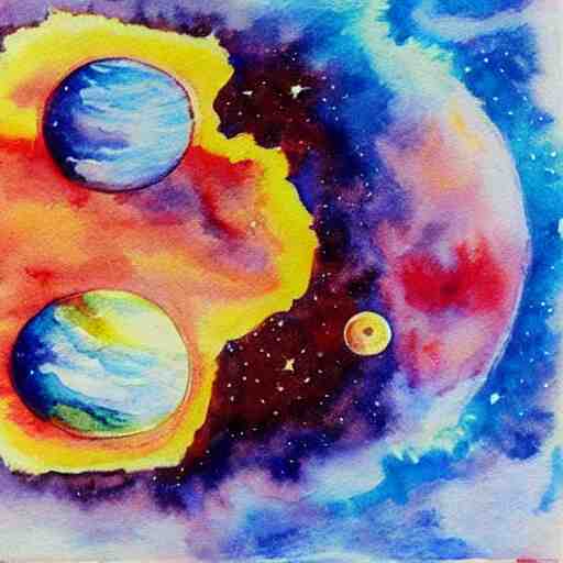 planets colliding, space, stars, sun, earth, planets, explosions, huge explosions in space, watercolor art 