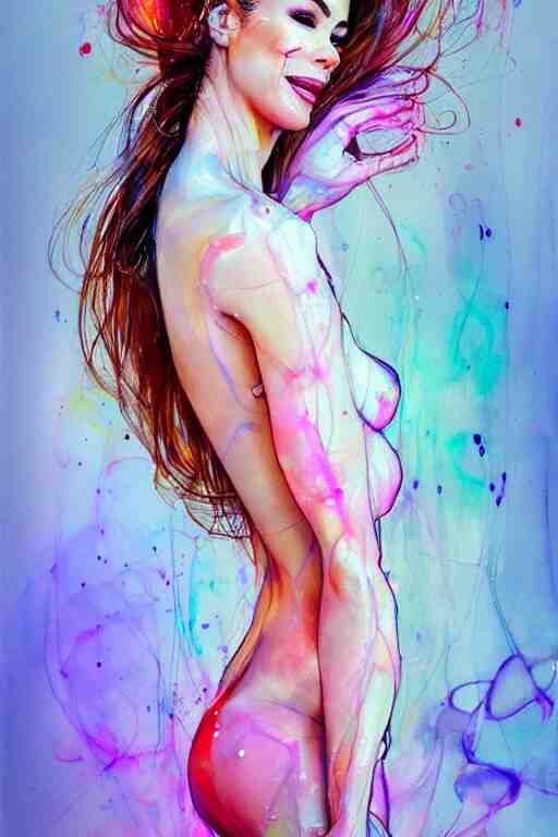 sexy lacivious shy smiling sophia vergara by agnes cecile enki bilal moebius, intricated details, 3 / 4 back view, hair styled in a bun, bend over posture, full body portrait, extremely luminous bright design, pastel colours, drips, autumn lights 