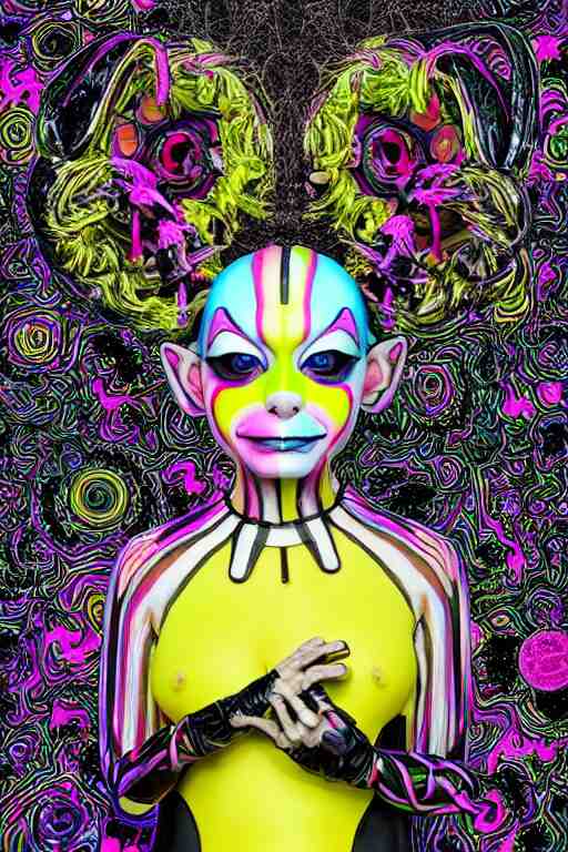 color : monochrome blackout, nft - generative collectible of knownorigin and superrare : an intricate and extremely detailed sculpture of a kawaii memeart - sphynx - cat - clown with vr headset - bjork mask ( vulnicura fashion by james merry ) : 1 | vulcano twin flame american horror story cover : background, dmt hyperspace persephone - clown by peter birkhauser neon - orange - grey monochrome : a single close up photo - real delicate cyberpunk - ceramic black porcelain, high detailed face, smiling woman, cyborg, photorealism, golden ratio, hyper - realistic 3 d, insanely super detailed, realistic octane render, 1 6 k, fashion photography, hard light goddess detailed in front of an intricate background ( generative art, neo - andean architecture ) : 0. 8 | micro detail, backlit lighting, face in focus, subsurface scattering, translucent, thin porcelain, physically based rendering, japanese pottery, trending on cgsociety 1 6 k : 1 