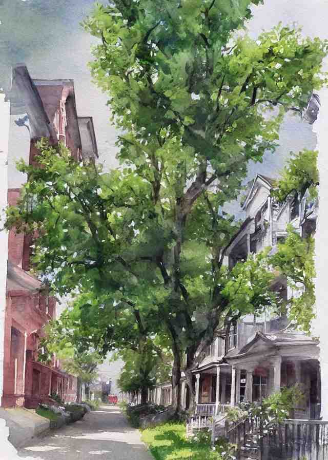 street lined with old residential houses summer watercolor by arti chauhan trending on artstation 