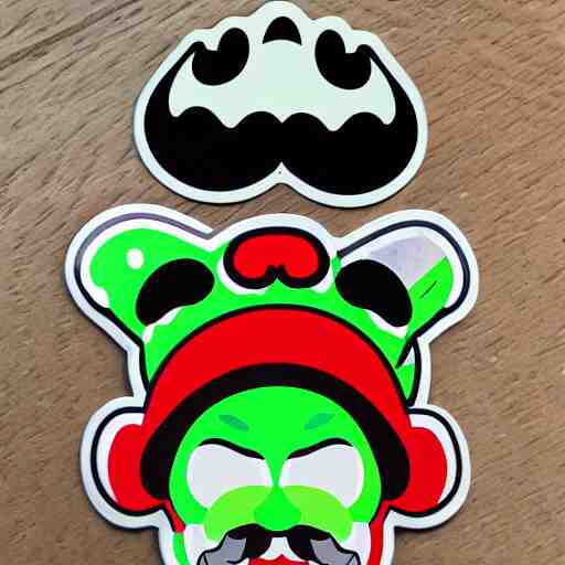 die cut sticker, yoshi wearing mario's mustache, splatter paint 