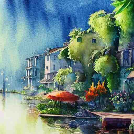 Beautiful happy picturesque charming sci-fi town in harmony with nature. Beautiful light. Water and plants. Nice colour scheme, soft warm colour. Beautiful detailed artistic watercolor by Vincent. (2060)