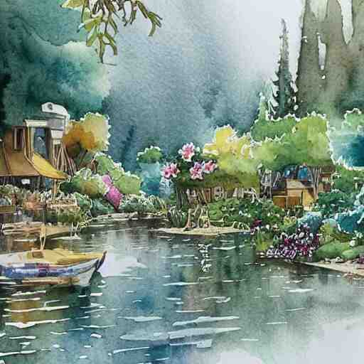 Beautiful happy picturesque charming sci-fi town in harmony with nature. Beautiful light. Water and plants. Nice colour scheme, soft warm colour. Beautiful detailed watercolor by Lurid. (2022)