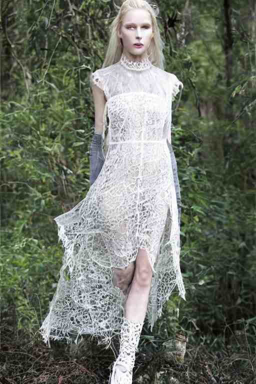 antediluvian crystal atlantean hyperborean avant garde fashion lace dress with natural pattern motifs, young white - blonde model, sharp focus, outdoors, godray lighting 