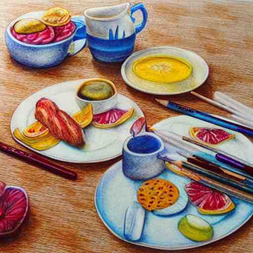  Colored pencil art on paper, Five star morning breakfast, highly detailed, artstation, MasterPiece, Award-Winning, Caran d'Ache Luminance