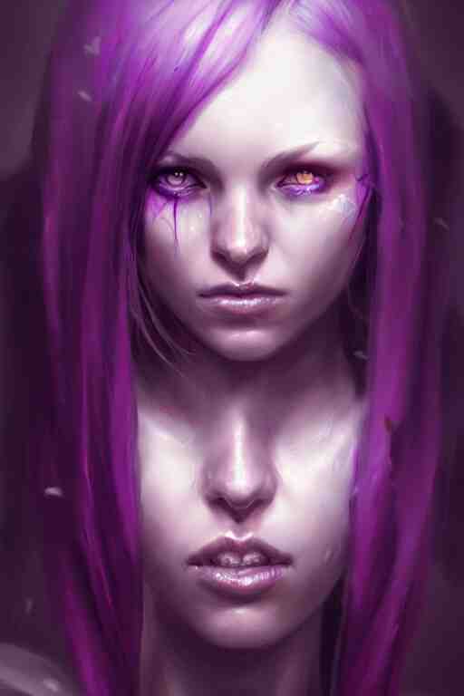 character art by bastien lecouffe - deharme, young woman, purple hair, glowing purple eyes 