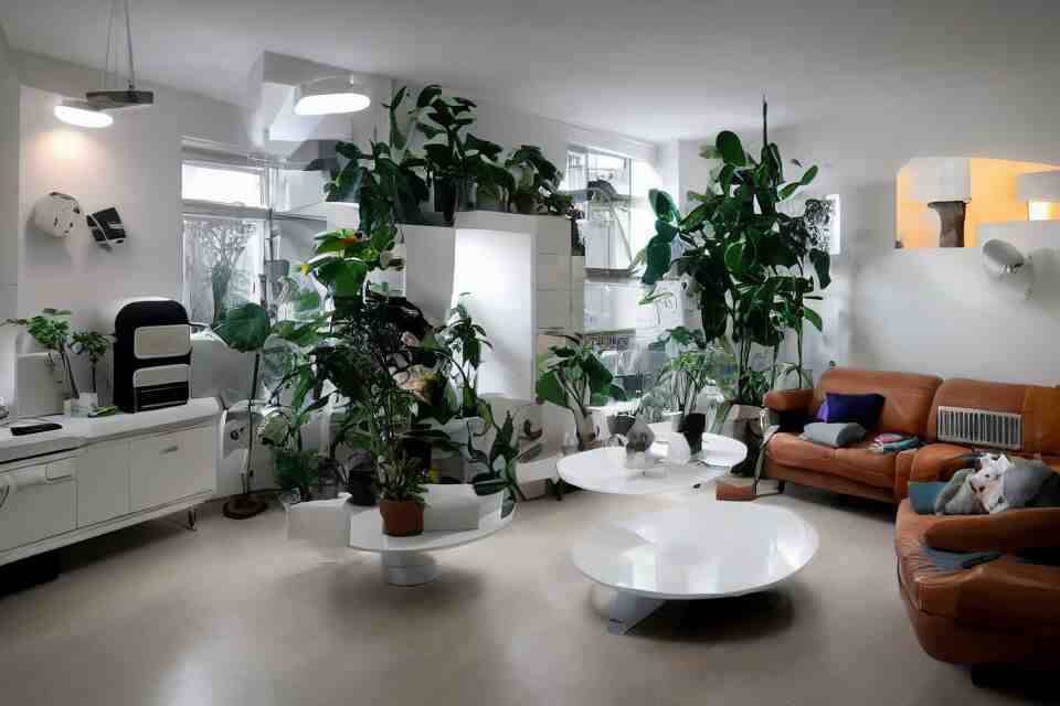 retro futuristic apartment with lighting design by kubrick moonbase style, 7 0 s hi fi system, funky furniture, house plants, modern art 