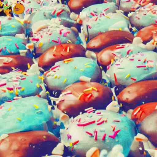 raining donuts on a city in a studio ghibli animation