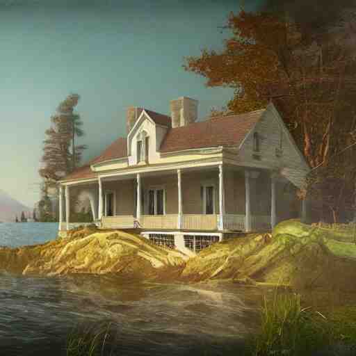 colonial house on the shore of Lake Huron, felix Kelly, artstation, Matte painting