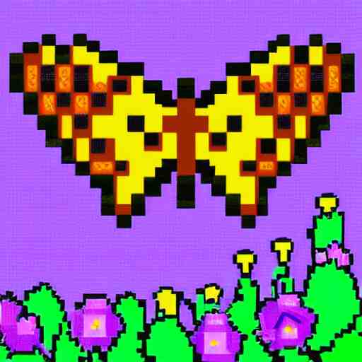 pixel art of a butterfly in a field of wild flowers, ghibli color scheme 