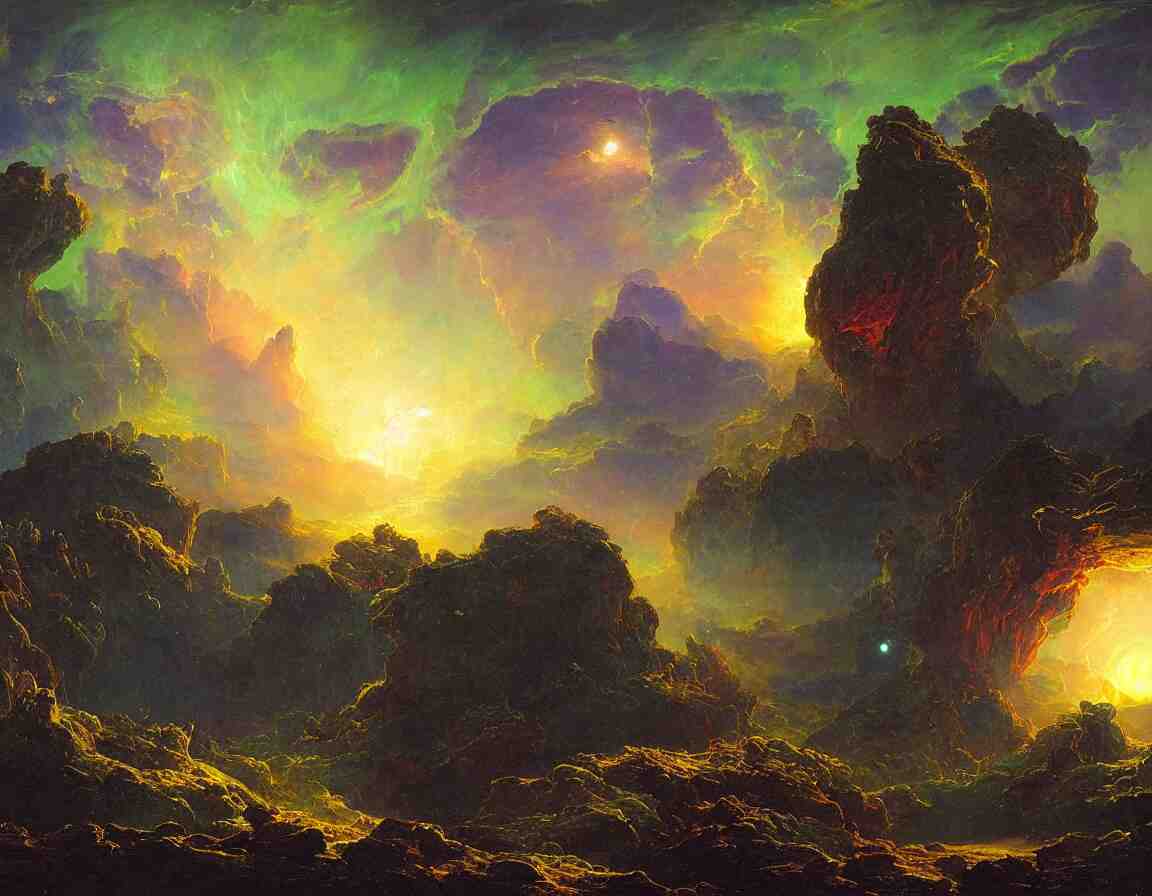 night on a trippy alien planet full of bioluminescent flora, concept art by albert biertadt, thomas cole, frederic edwin church, hudson river school, majestic, awe - inspiring, breathtaking 