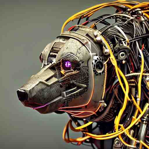 robotic cyberpunk hyena, many wires and metal exposed, realistic photo, bladerunner 