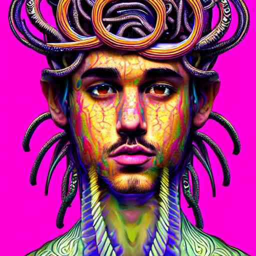 an extremely psychedelic portrait of jusyin bieber as medusa, surreal, lsd, face, detailed, intricate, elegant, lithe, highly detailed, digital painting, artstation, concept art, smooth, sharp focus, illustration 