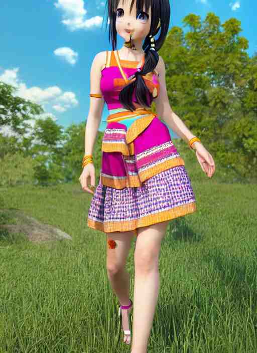 beautiful anime girl wearing summer assamese mekehela bihu style floral gamosa dress ; flirtatious, boho - chic, sleeveless, elegant, short skirt length, slimmer demeanor, plethora of colors ; mini dress, highly detailed cute face by wlop ; octane render, unreal engine 5, symmetrical, high coherence, hdr fabric textures 