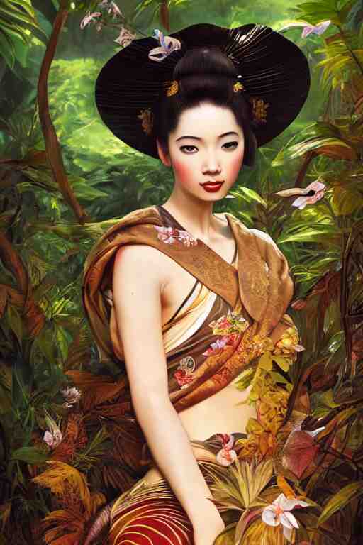 stunningly beautiful, peruvian geisha prima ballerina in jungle, symmetrical face, golden hour, smooth, focus, highly detailed, hyper realistic, dramatic lighting, elegant, intricate, concept art, art by wlop, mars ravelo, greg rutowski, artstation 