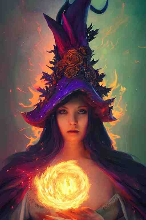 a fancy portrait of a beautiful dark magician girl with a large witches hat covered in colourfull flames by Greg Rutkowski, Sung Choi, Mitchell Mohrhauser, Maciej Kuciara, Johnson Ting, Maxim Verehin, Peter Konig, final fantasy , mythical, 8k photorealistic, cinematic lighting, HD, high details, atmospheric,