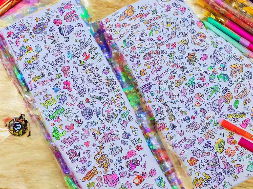 a school notebook covered in doodles, stickers, glitter, and holographic stickers