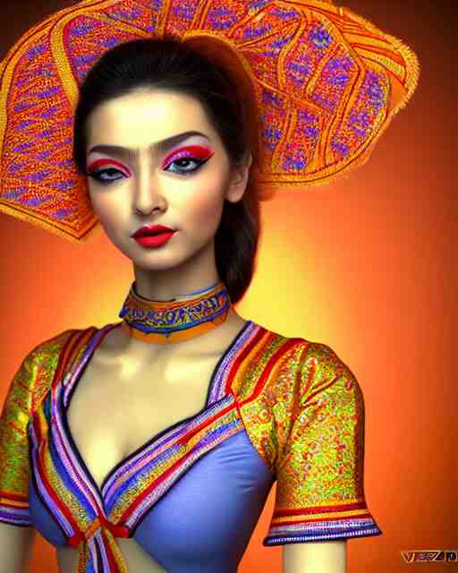 a beautiful cute girl wearing modern stylish costume in the style of Assamese bihu mekhela sador gamosa design, commercial fashion design art by Victor Nizovtsev and Josephine Wall, face by artgerm and daz3d genesis iray, cinematic lighting, medium shot, mid-shot, slim female figure ramp walk model pose, highly detailed, trending on Artstation, Unreal Engine 4k, cinema 4d ray traced 8k fabric texture details, octane render, diffused natural skin glow