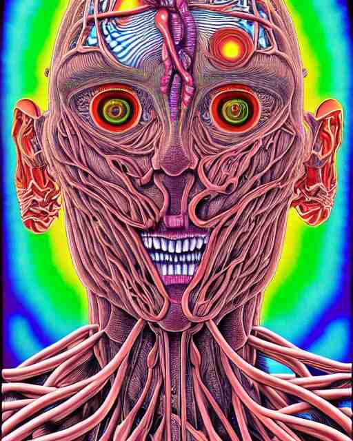 human body breaking away, conjuring psychedelic illustration, part by shintaro kago, part by alex gray, ultra realistic, highly detailed, 8 k, symmetry, fractals, grotesque, vibrant 