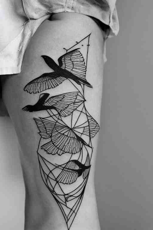 a beautiful tattoo design of minimalist flying swallows, flying into geometric spirals, black ink, abstract logo, line art 