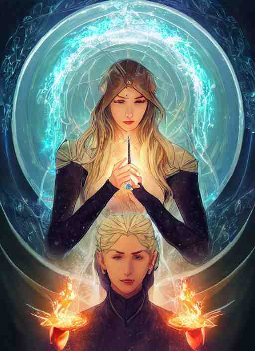 in the style of throne of glass book cover, female magician casting a spell with fireballs in her hands, blue and green magic lights aura, a portal with elvish symbology opened, d & d, fantasy, highly detailed, digital art, trending on artstation, smooth, sharp focus, illustration, art by artgerm and hirokazu yokohara, greg rutkowski, alfonse mucha 