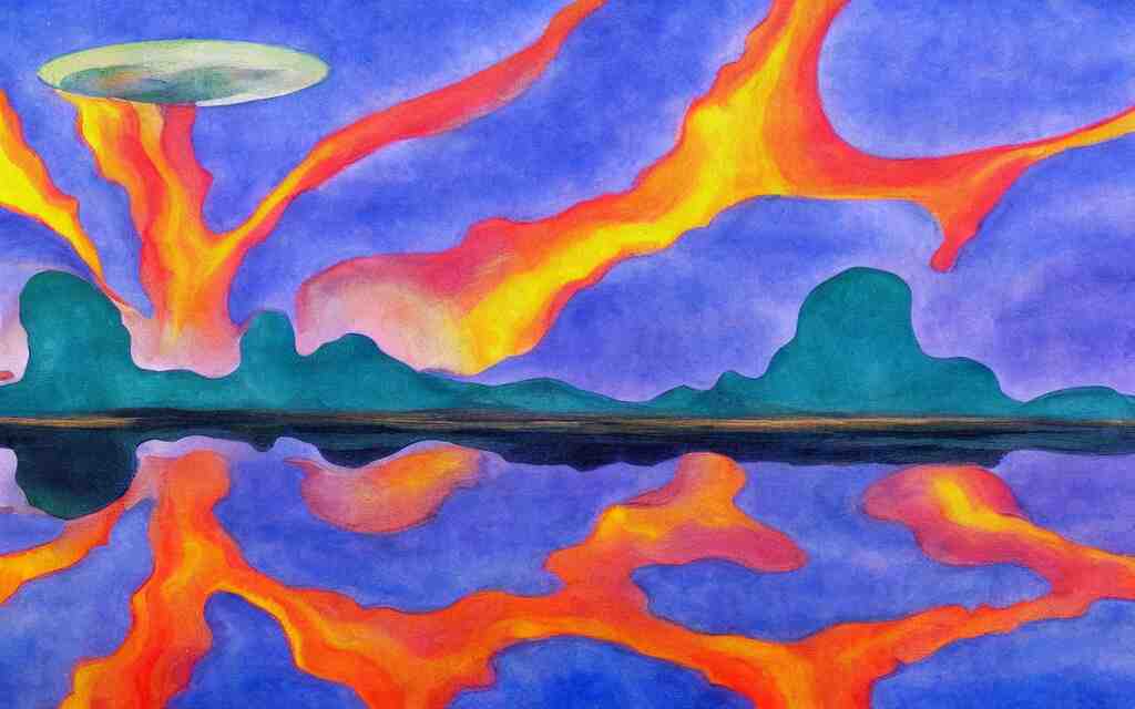 the explosion of an atomic power plant and reflection in a lake in the style of georgia o keeffe. colorful, wavy. painting. medium long shot. perspective. color palette of blue, yellow, purple, green. 