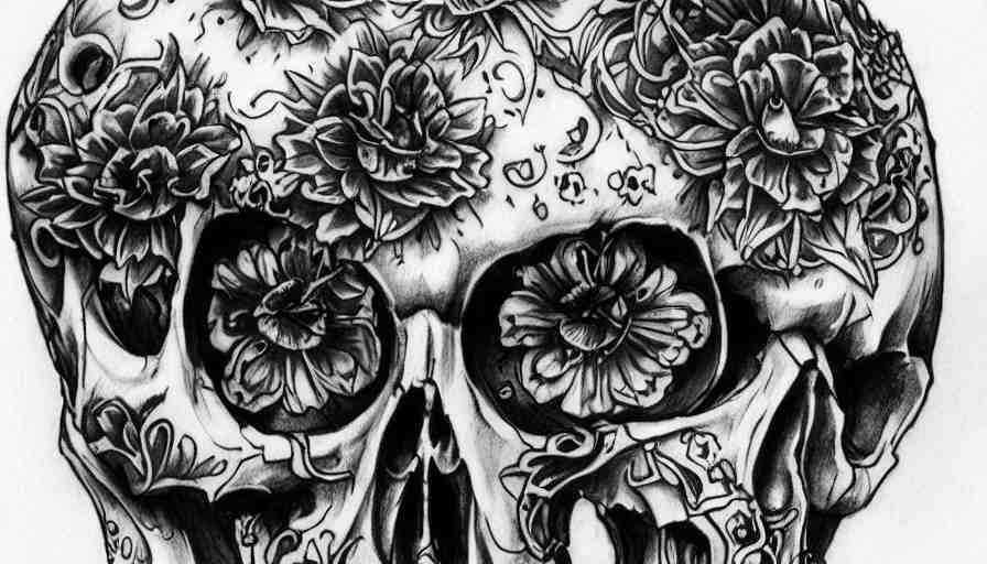 highly detailed skull, Japanese ornament, tattoo ink sketch, isolated on white background