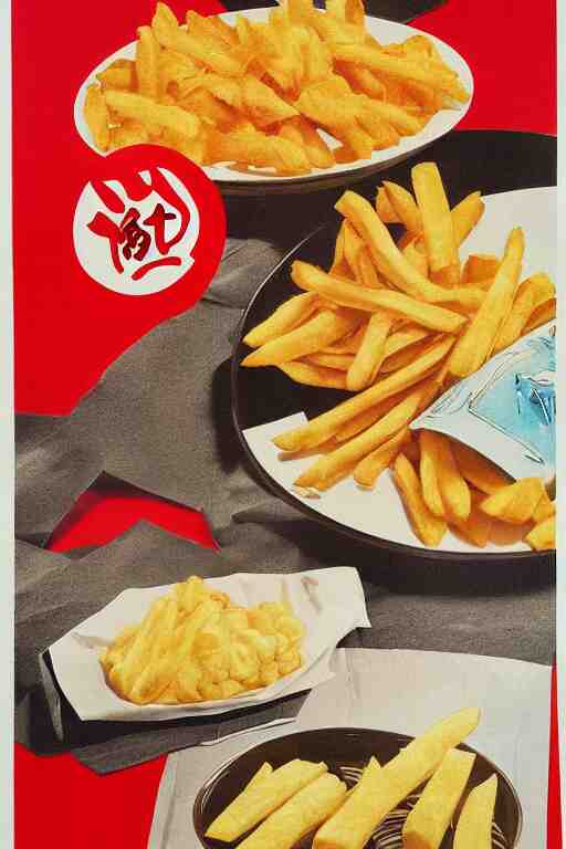 fish and chips advertisment, still life, 1 9 7 0 s japan shouwa advertisement, print, nostalgic 