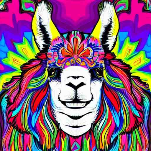 psychedelic, photorealistic, colorfully llama in a maximalist style on a background that fades to black 