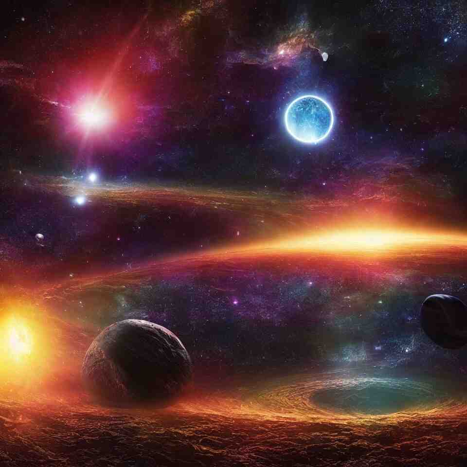 beautiful image of the first day of creation of the world and matter in the dark deep space, light and darkness separated, planets, under a black night sky of astronomical glittering starlight in the outer reaches of the solar system beyond, trending on artstation, octane render, symmetry by raqib shaw, presence of god, eye of god. 